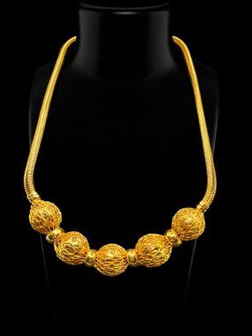 Gold Tone Statement Collar Choker Snake Chain Necklace With 5 Wire Wrapped Beads